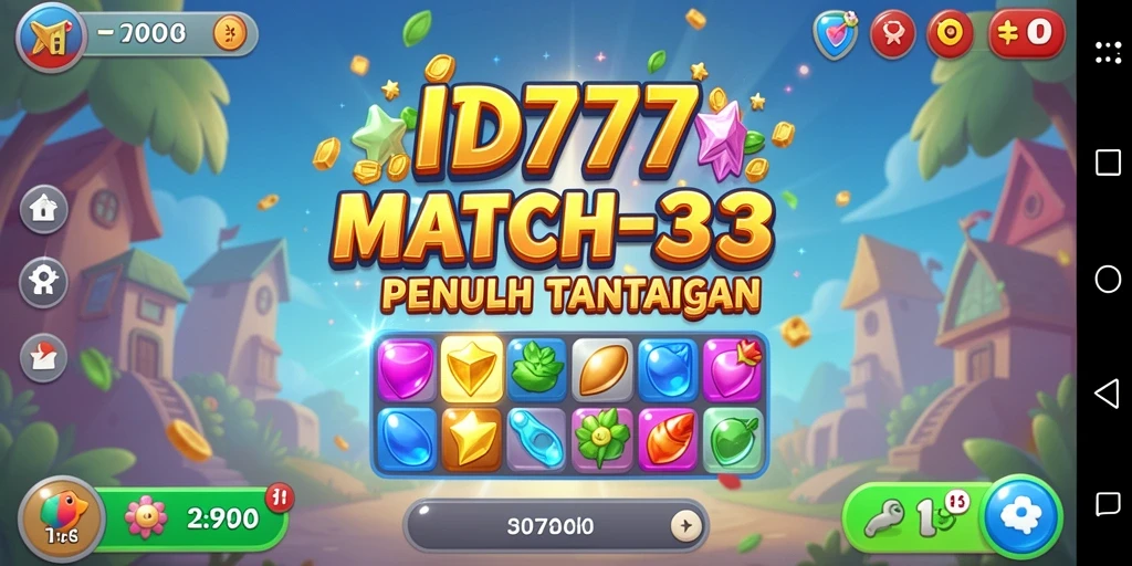 Screenshot gameplay ID777 menampilkan level Match-3 yang penuh warna.