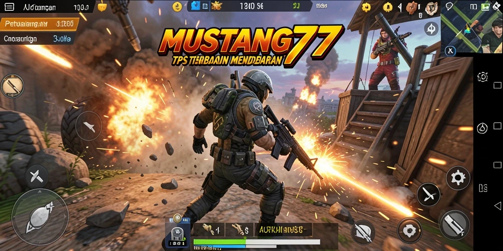 Screenshot utama <strong>MUSTANG77</strong> menampilkan aksi tembak-menembak yang mendebarkan di arena pertempuran.