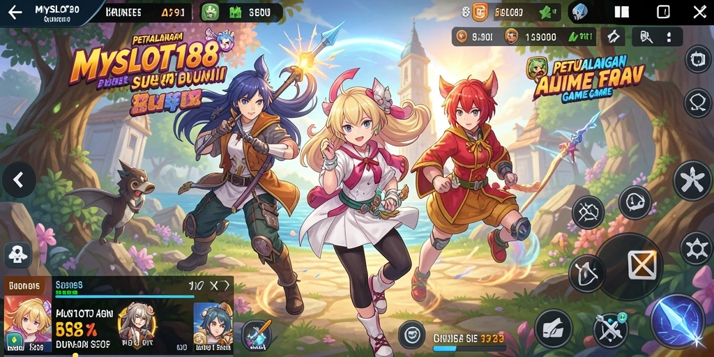 Tampilan gameplay MYSLOT188 menampilkan karakter Anime yang dinamis dan latar belakang yang memukau.