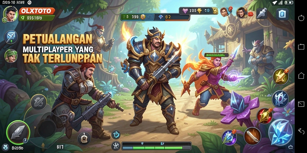 Screenshot gameplay OLXTOTO menunjukkan pertempuran epik dengan monster di dunia fantasi.