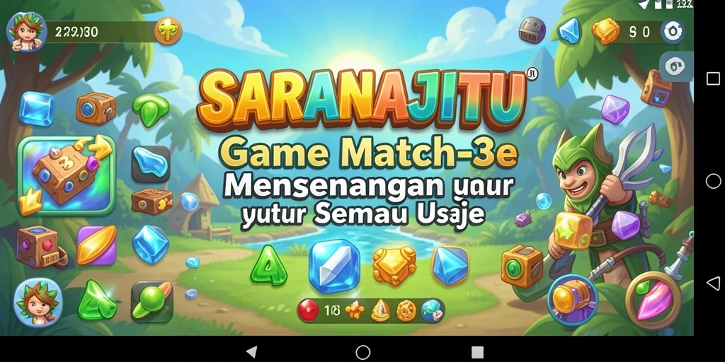Screenshot gameplay SARANAJITU menampilkan aksi mencocokkan permata di dunia warna-warni.