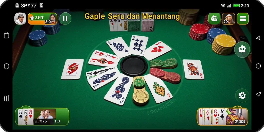 Screenshot utama dari gameplay SPY77 yang menampilkan permainan Gaple yang seru.