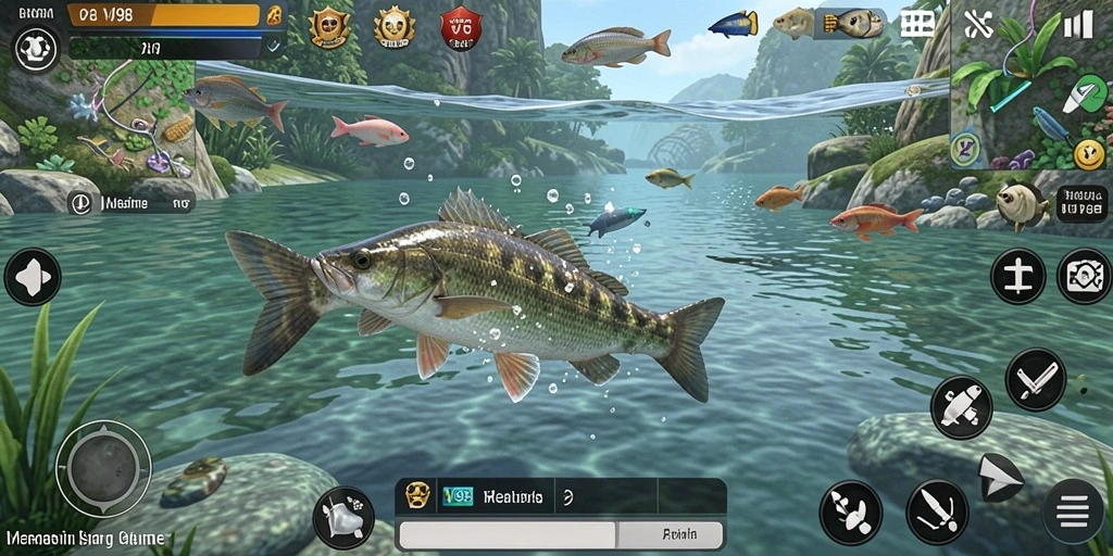 Screenshot menampilkan pemain yang beraksi menangkap ikan di alam yang indah.