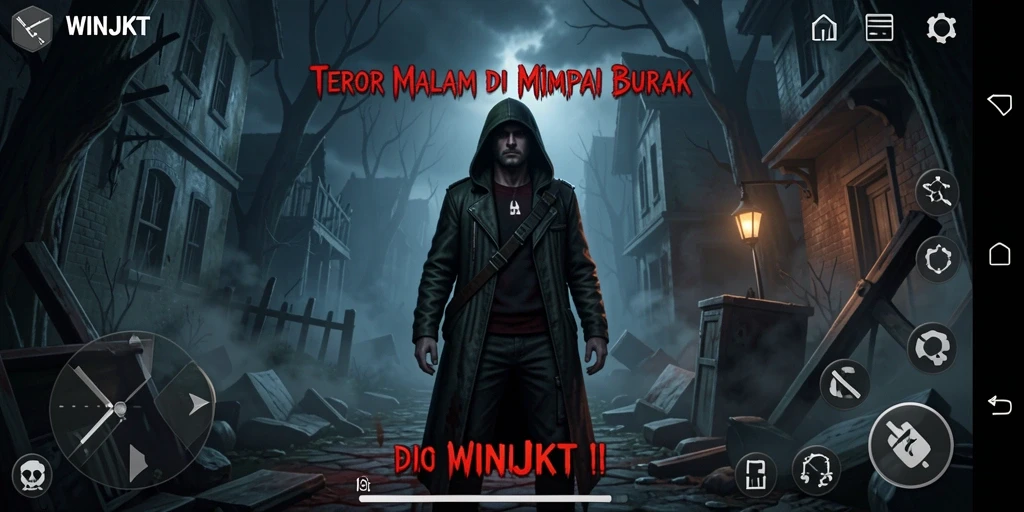 Screenshot gameplay <strong>WINJKT</strong> menampilkan momen menakutkan dan mendebarkan dalam suasana kelam.